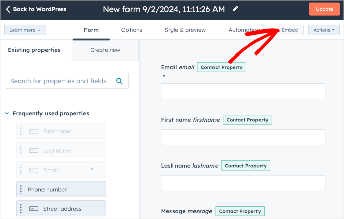 Embed button in HubSpot's form builder