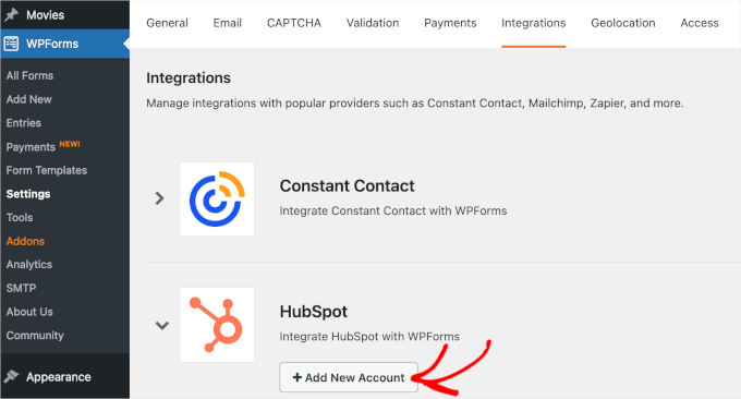 Adding HubSpott account to WPForms