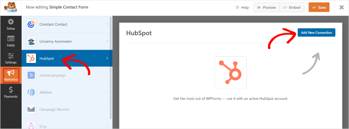 Adding new HubSpot connection in WPForms