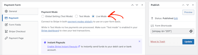 Setting WP Simple Pay form to live mode