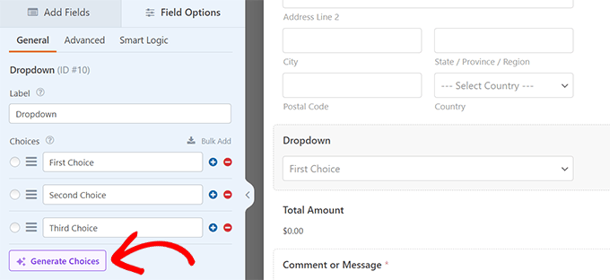 WPForms AI choices 