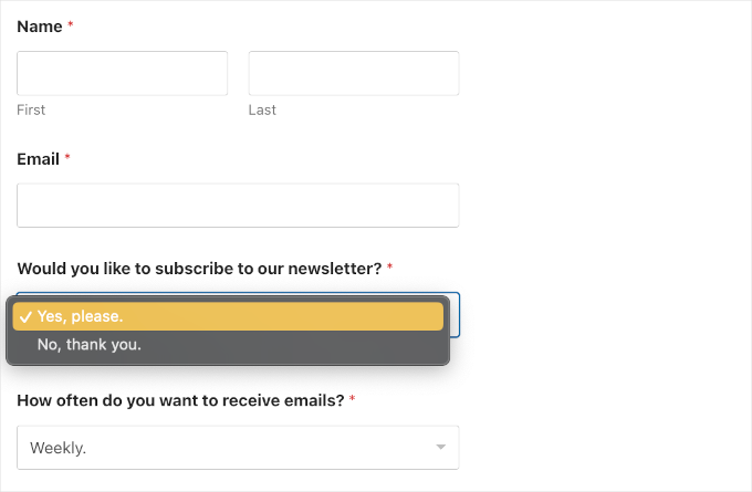 A contact form with dropdown fields embedded on a WordPress website