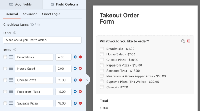 Editing takeout order form