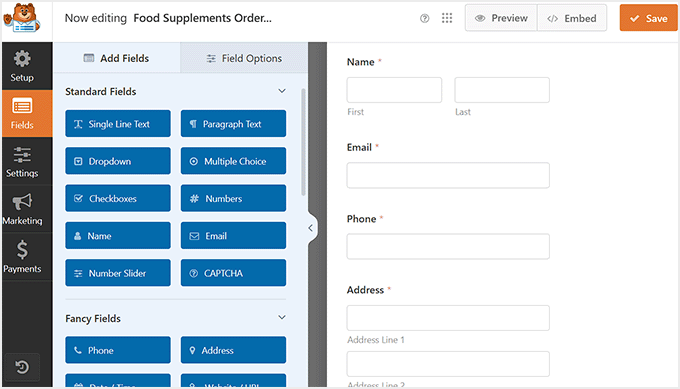 Rearrange, add, or remove fields in the order form