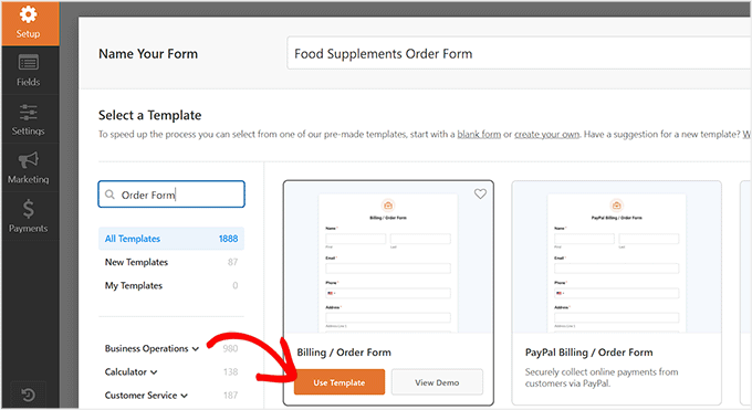 Select order form template