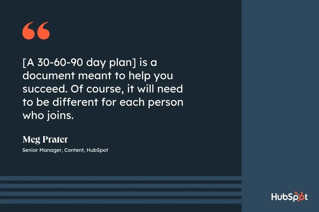 30-60-90 day plan, quote graphic, [A 30-60-90 day plan] is a document meant to help you succeed. Of course, it will need to be different for each person who joins., Meg Prater, Senior Manager of Content, HubSpot