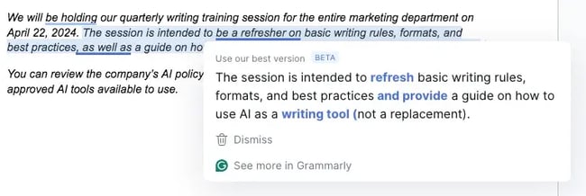 [alt] how to write a memo, example review and proofread of a memo about a writing training session using Grammarly