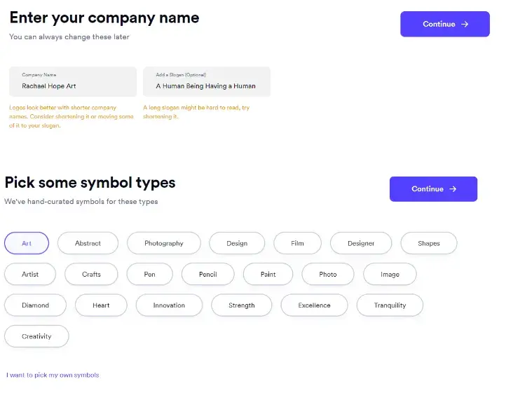 ai for graphic design, picking symbol types in Looka