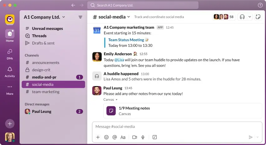 Image of Slack screenshot with a social media channel showing how marketing teams can use it.