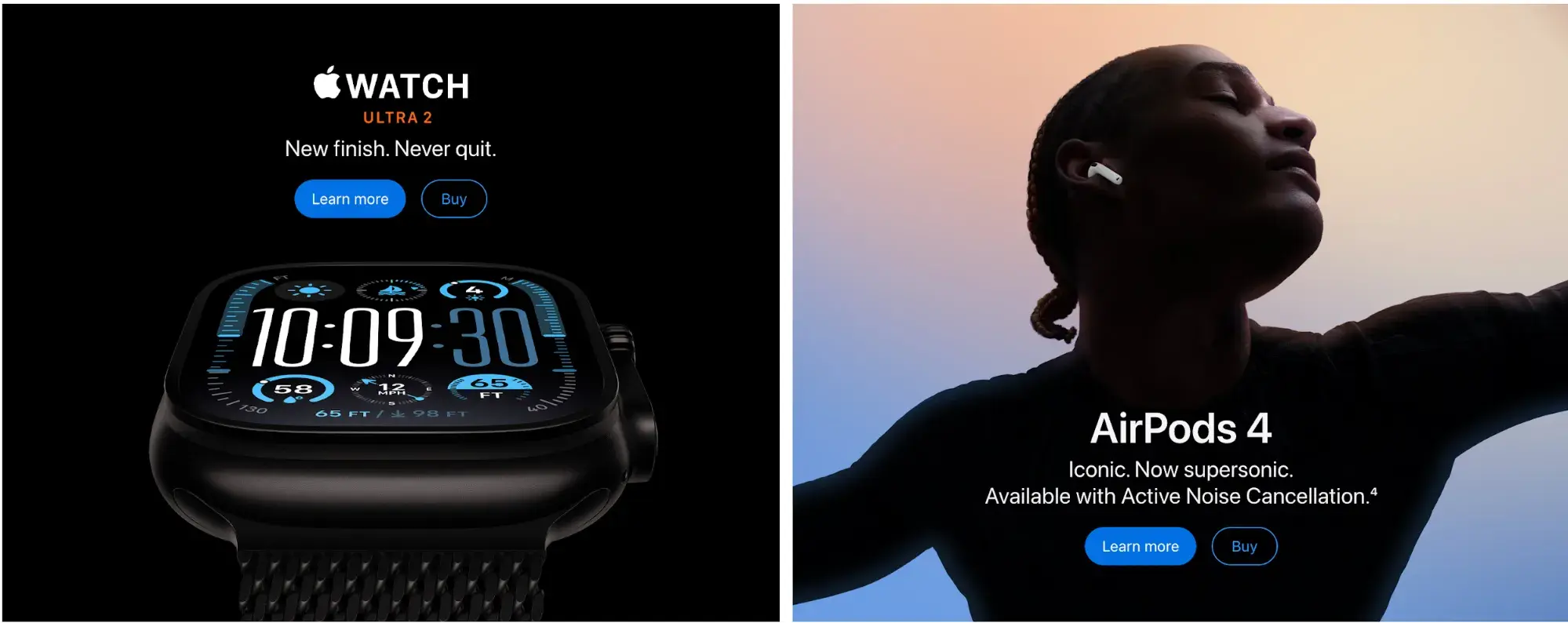 Screencap of Apple.com. On the right, the Apple Watch. On the left, AirPods 4.