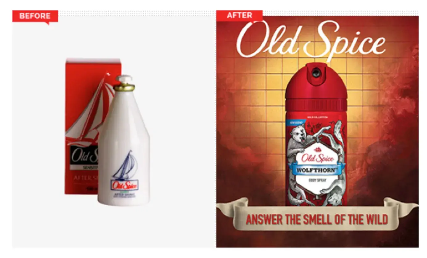 Old Spice’s old branding on the left; its new branding on the right.