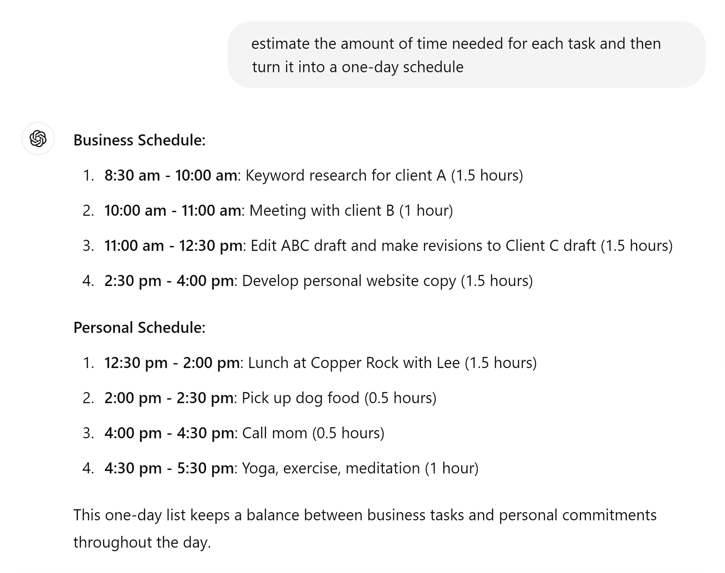 ChatGPT created schedules from notes