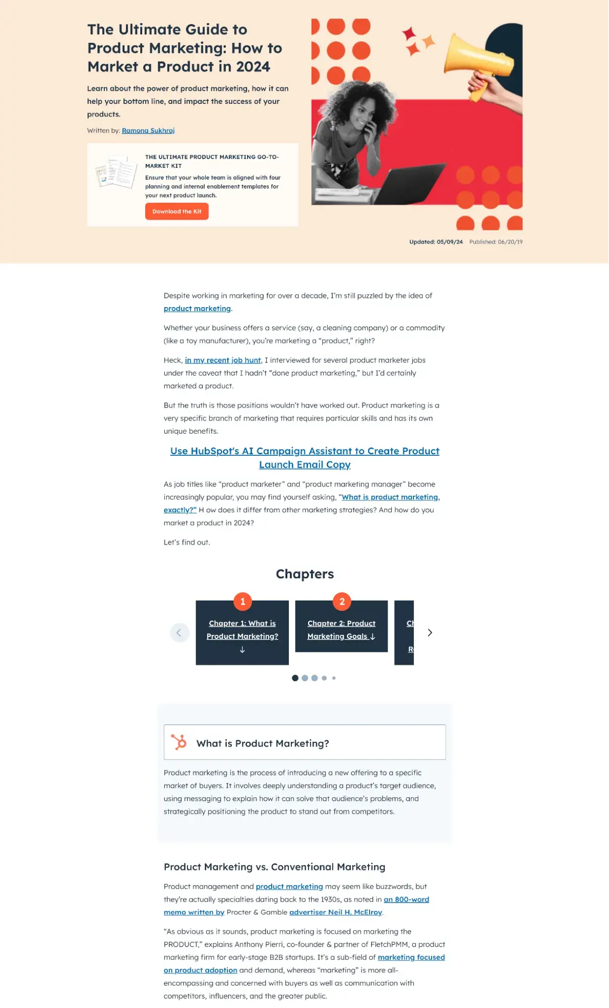 screenshot of product marketing article by hubspot