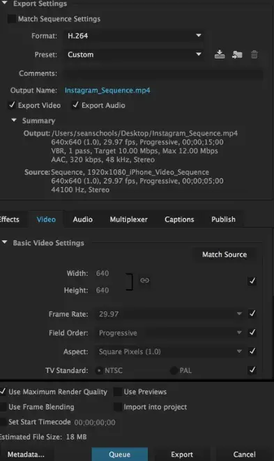 Screenshot showing video specs in Adobe Premiere Pro