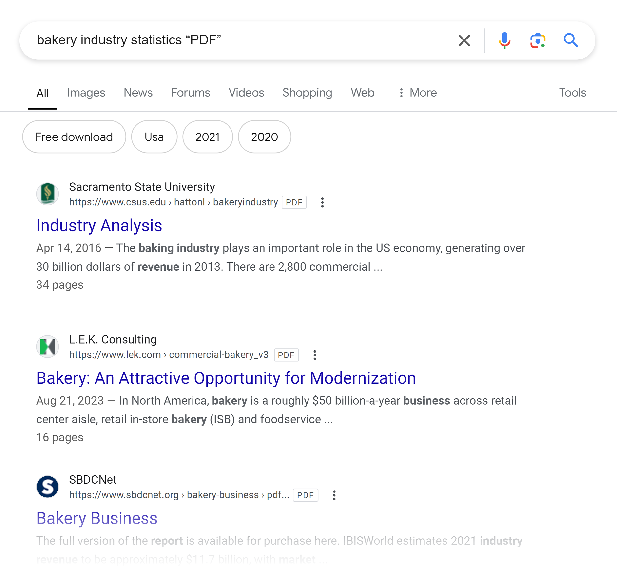 Google SERP – Bakery industry statistics "PDF"