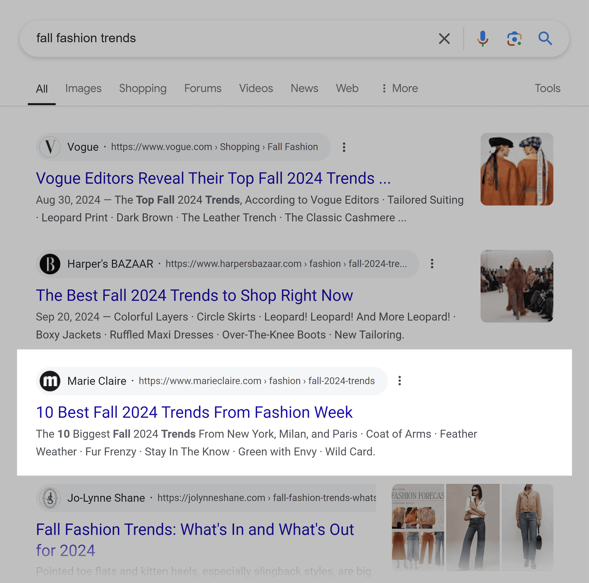 Google SERP – Fall fashion trends