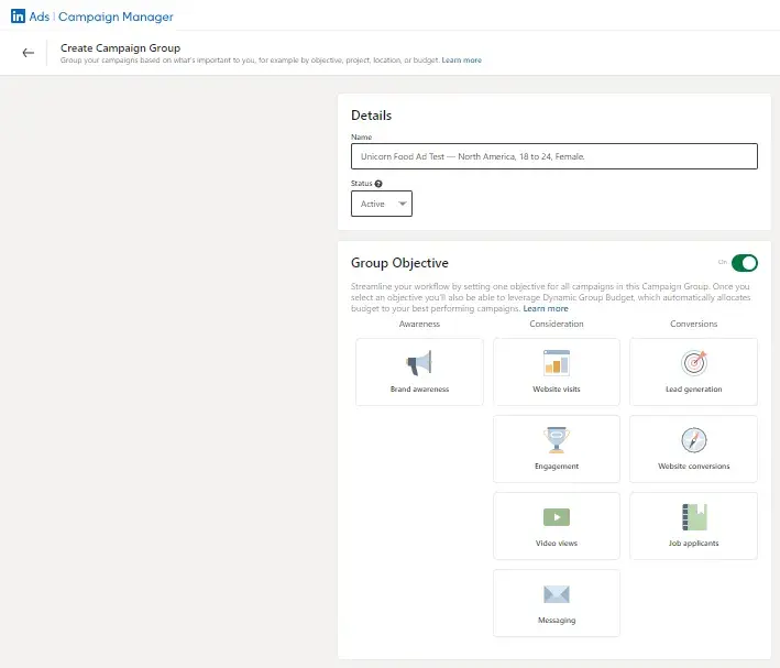 how does linkedin advertising work, choosing your group objective