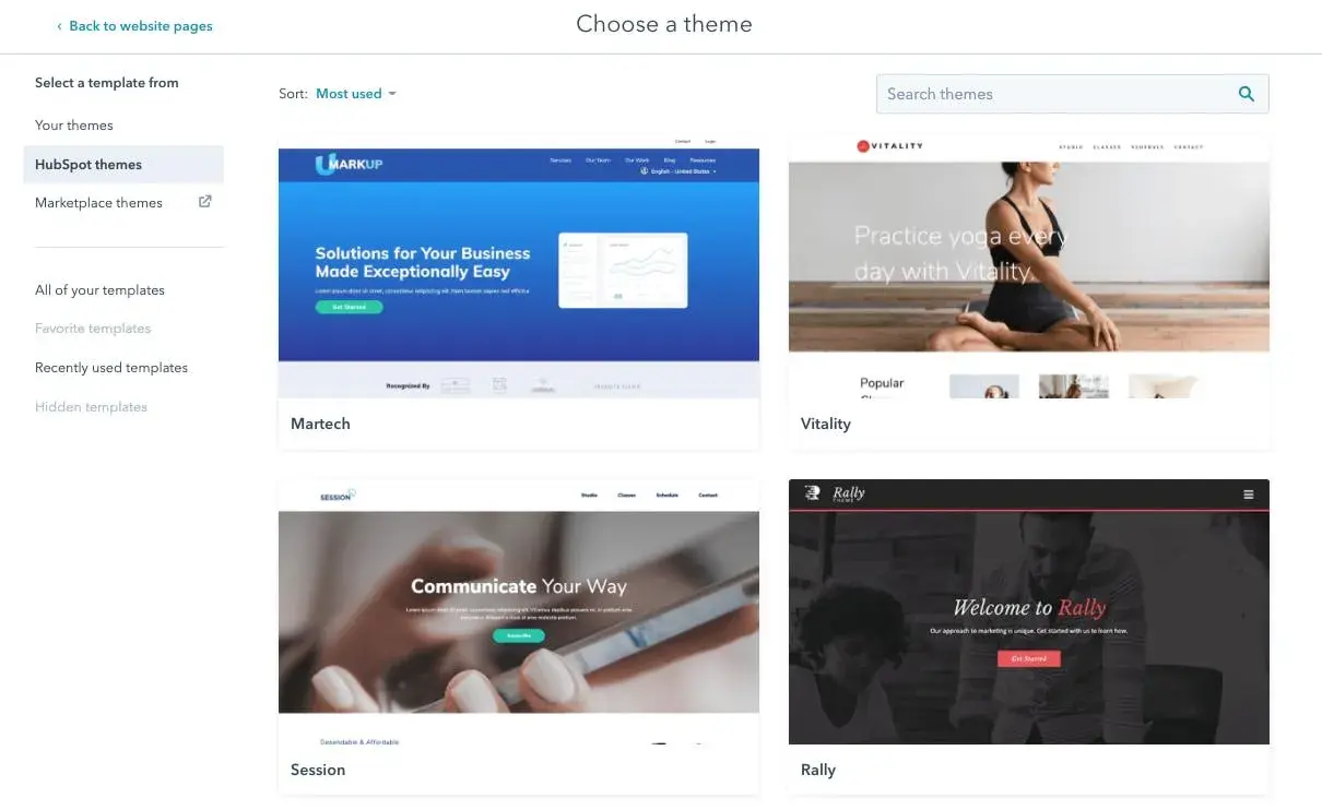 How to build a website: Select a template from prefilled HubSpot themes.