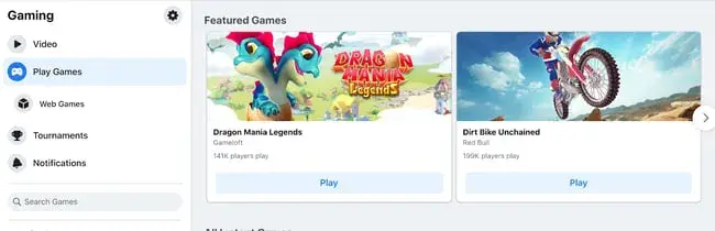 Screenshot showing what the games section on Facebook looks like