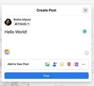 Screenshot showing the Facebook “create post” window