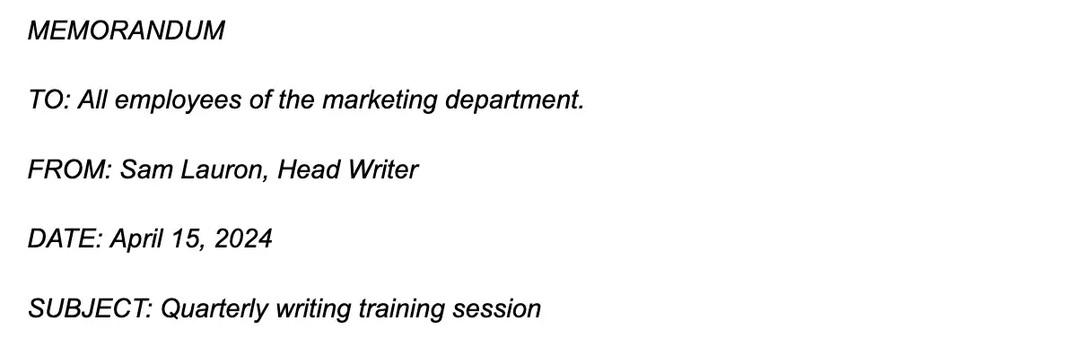 how to write a memo, example heading for a memo about a writing training session