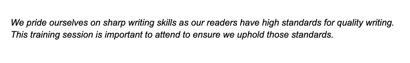 how to write a memo, example of communicating urgency in a memo about a writing training session