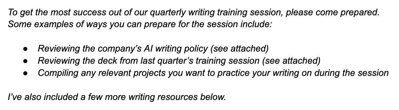 how to write a memo, example closing statement in a memo about a writing training session