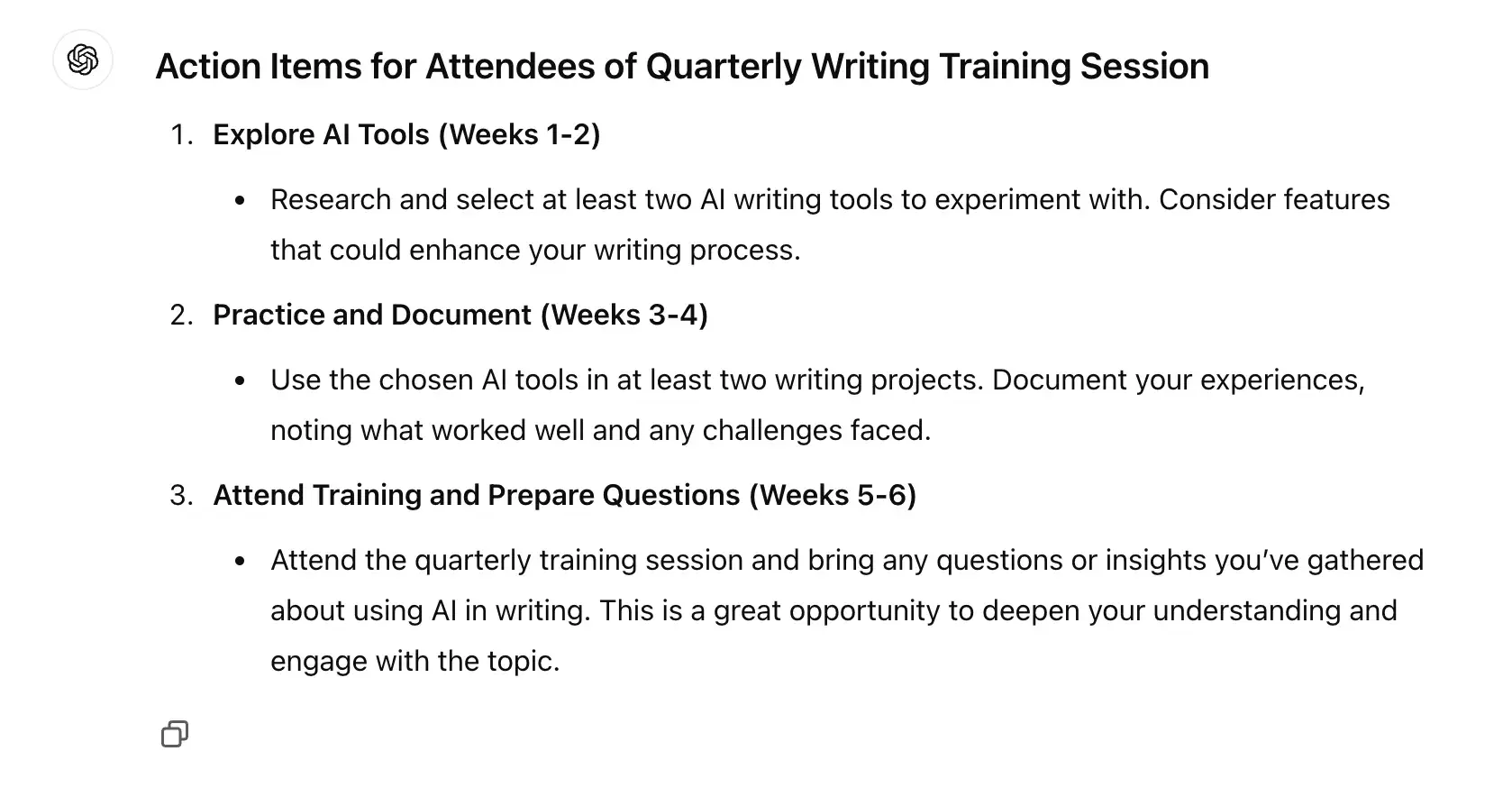 how to write a memo, example action items and timeline for a memo about a writing training session from ChatGPT