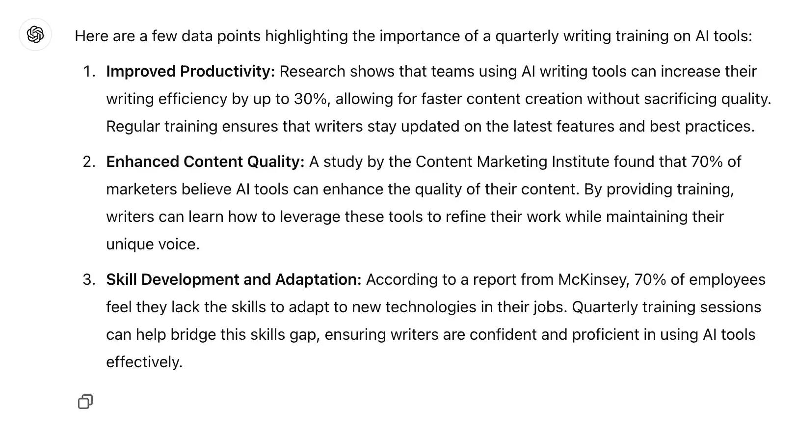 how to write a memo, example of justifying reasoning with data in a memo about a writing training session from ChatGPT