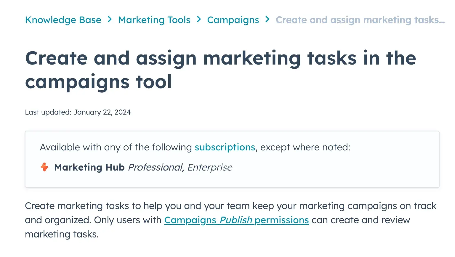 Screencap of HubSpot Knowledge Base article “Create and assign marketing tasks in the campaigns tool.”