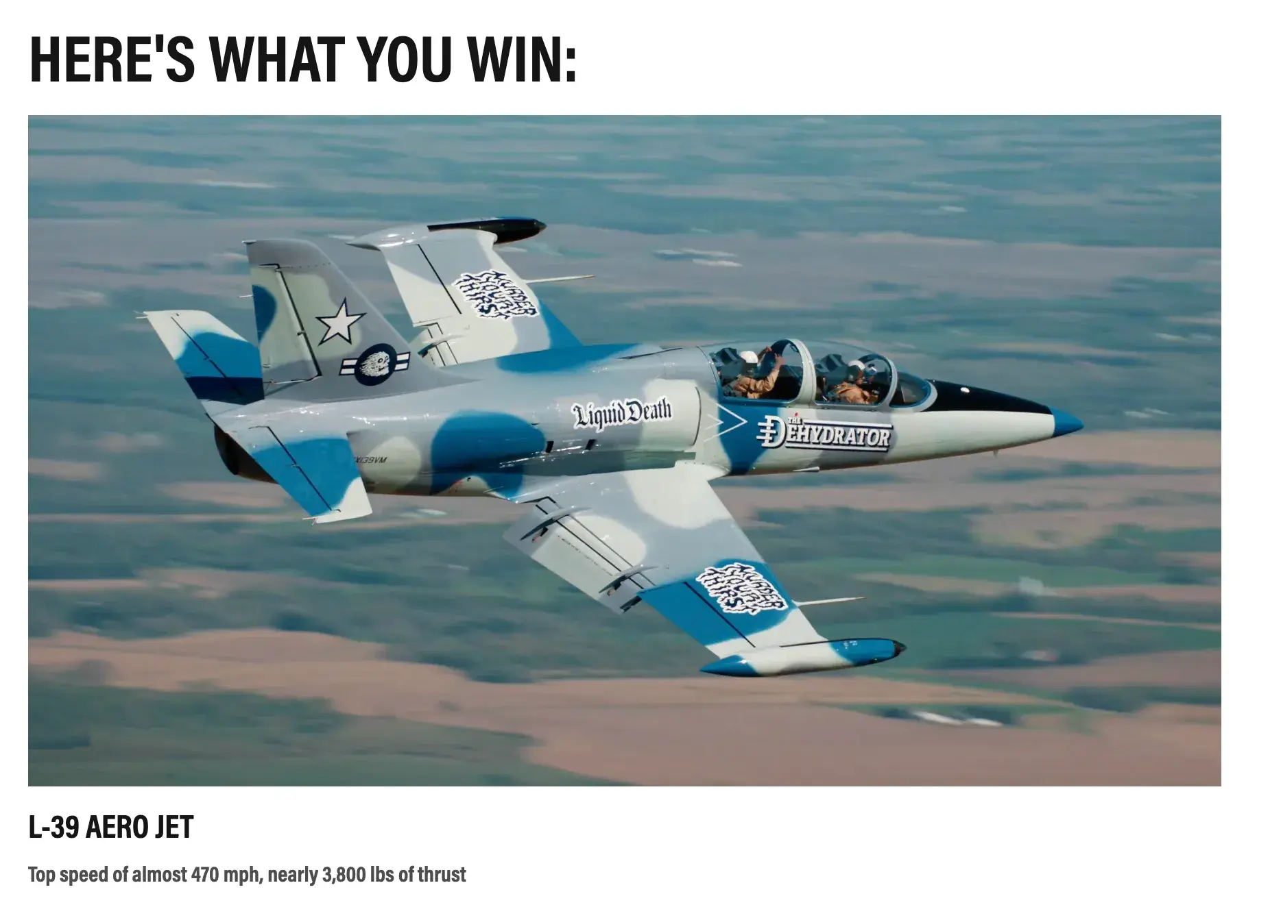 Screencap: Photo of an L-39 Aero Jet decorated with Liquid Death stickers.