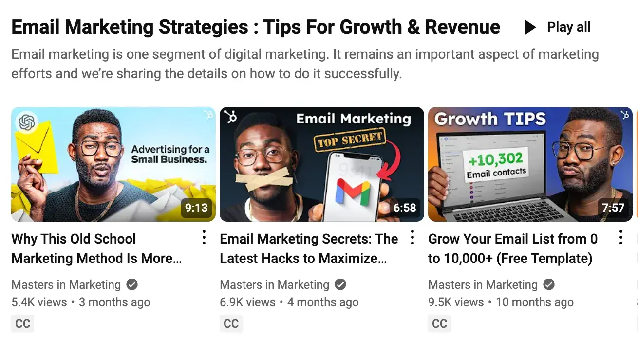 Screencap of HubSpot’s YouTube channel, with three videos about email marketing strategies. 