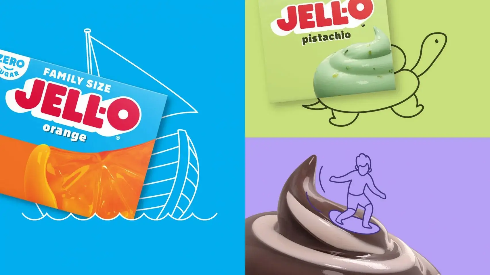 New Jell-O packaging showcases fun, playful imagery and the new blocky logo.