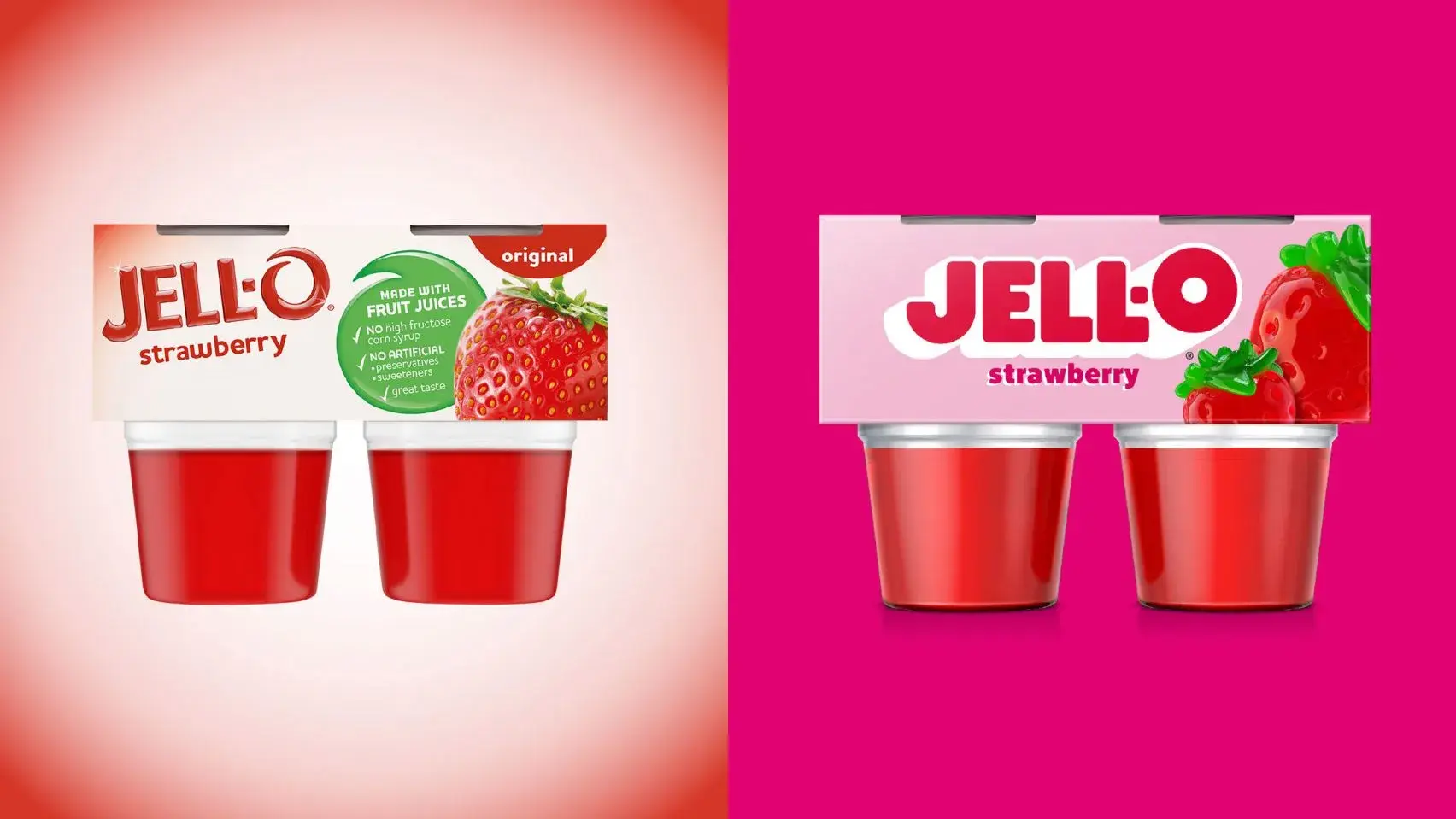 Jell-O original packaging (left) vs. updated packaging (right).