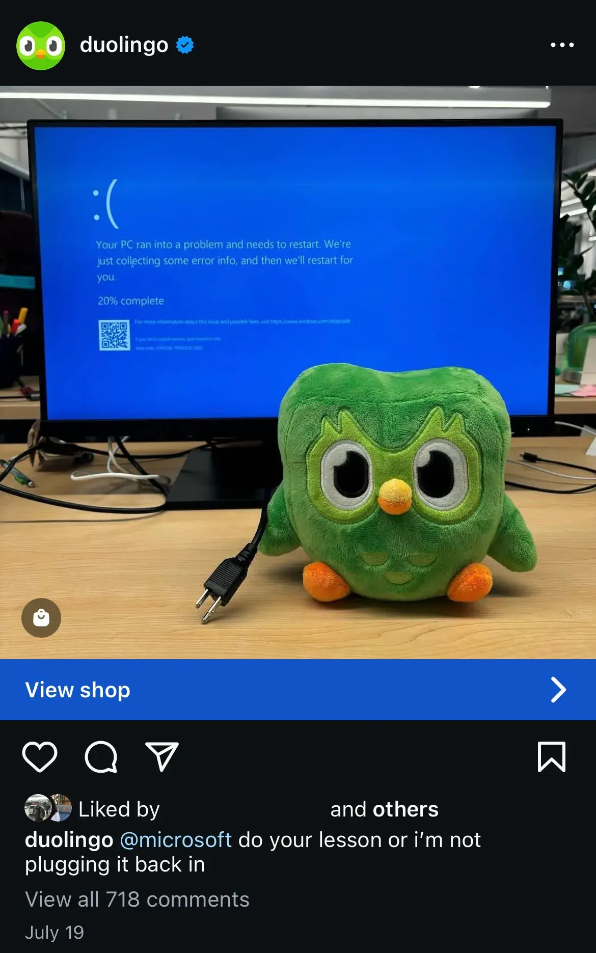 Duolingo’s Instagram post from July 19, 2024 which jokingly shows evil Duo unplugging a PC because Microsoft didn’t complete their language lesson.