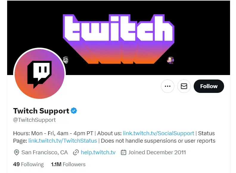 Twitch's support profile on X