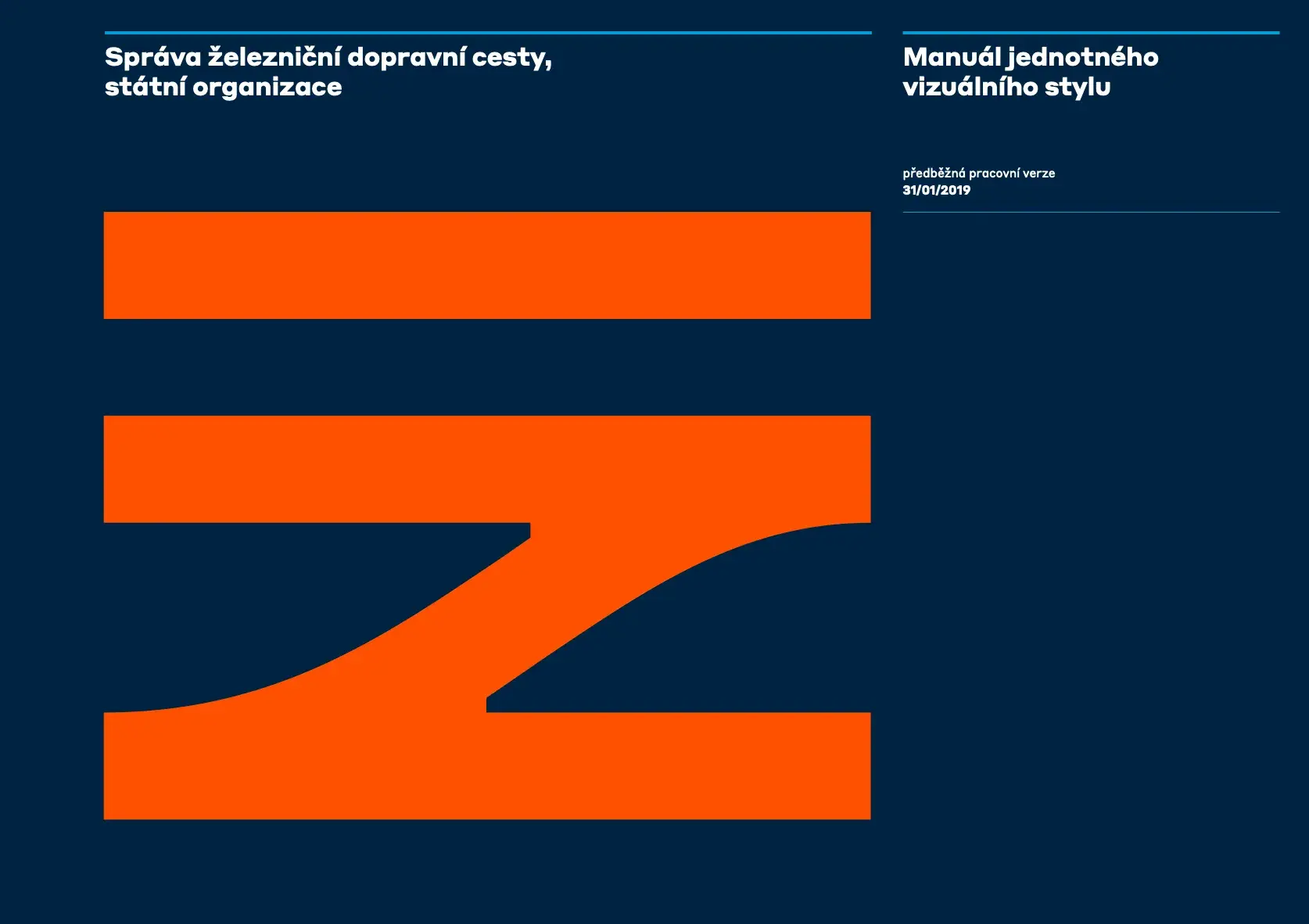 Cover of Czech Railway brand guide. Dark blue background and a large, bright orange logo mark.