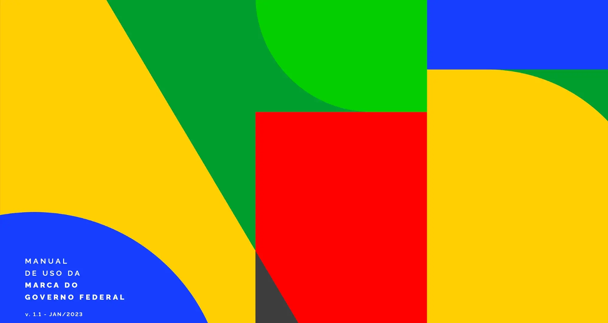 Style guide cover with large shapes in bright yellow, red, blue, and green.