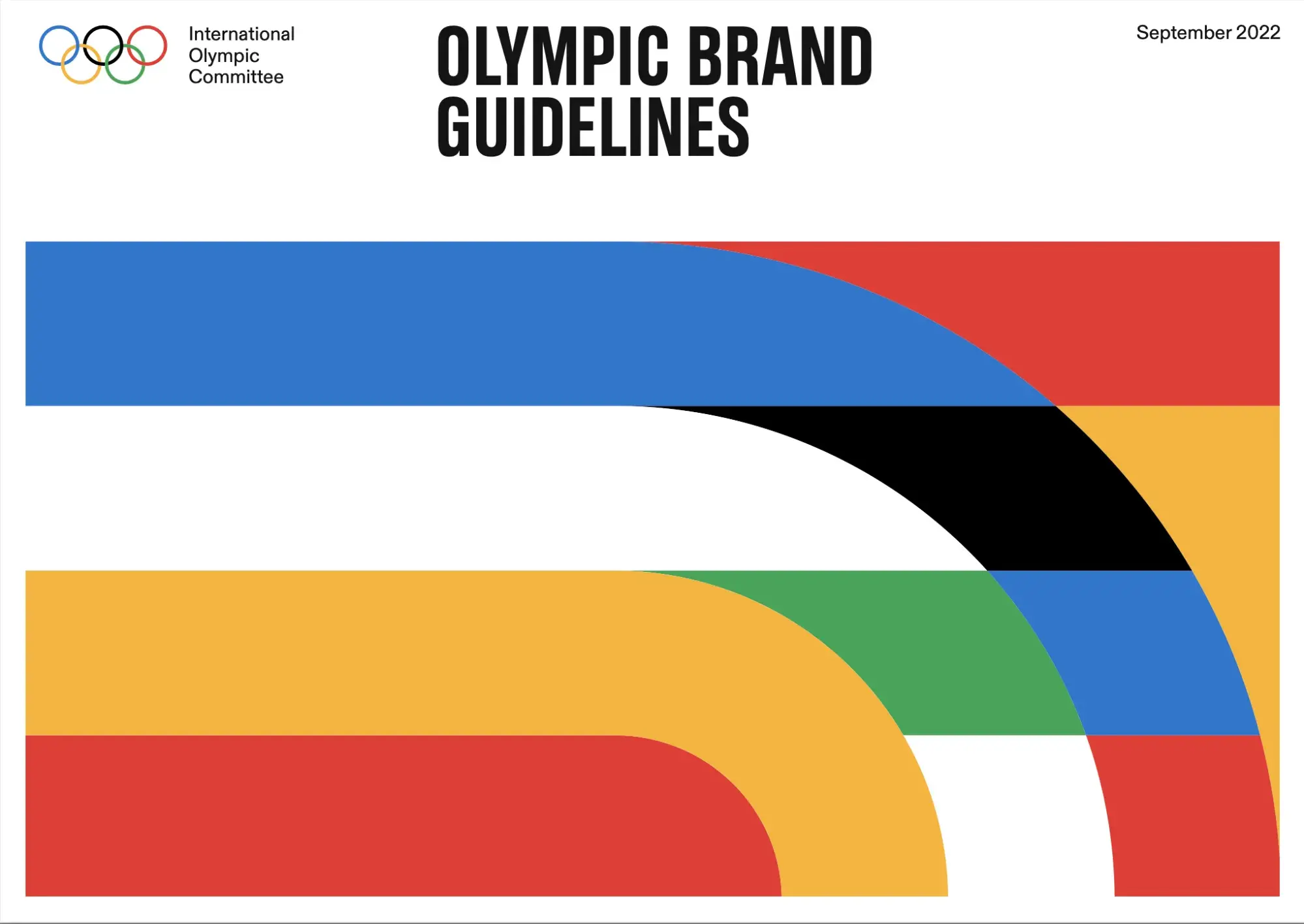 Cover of Olympic Brand Guidelines, with large stripes of blue, white, yellow, black, green, and red.