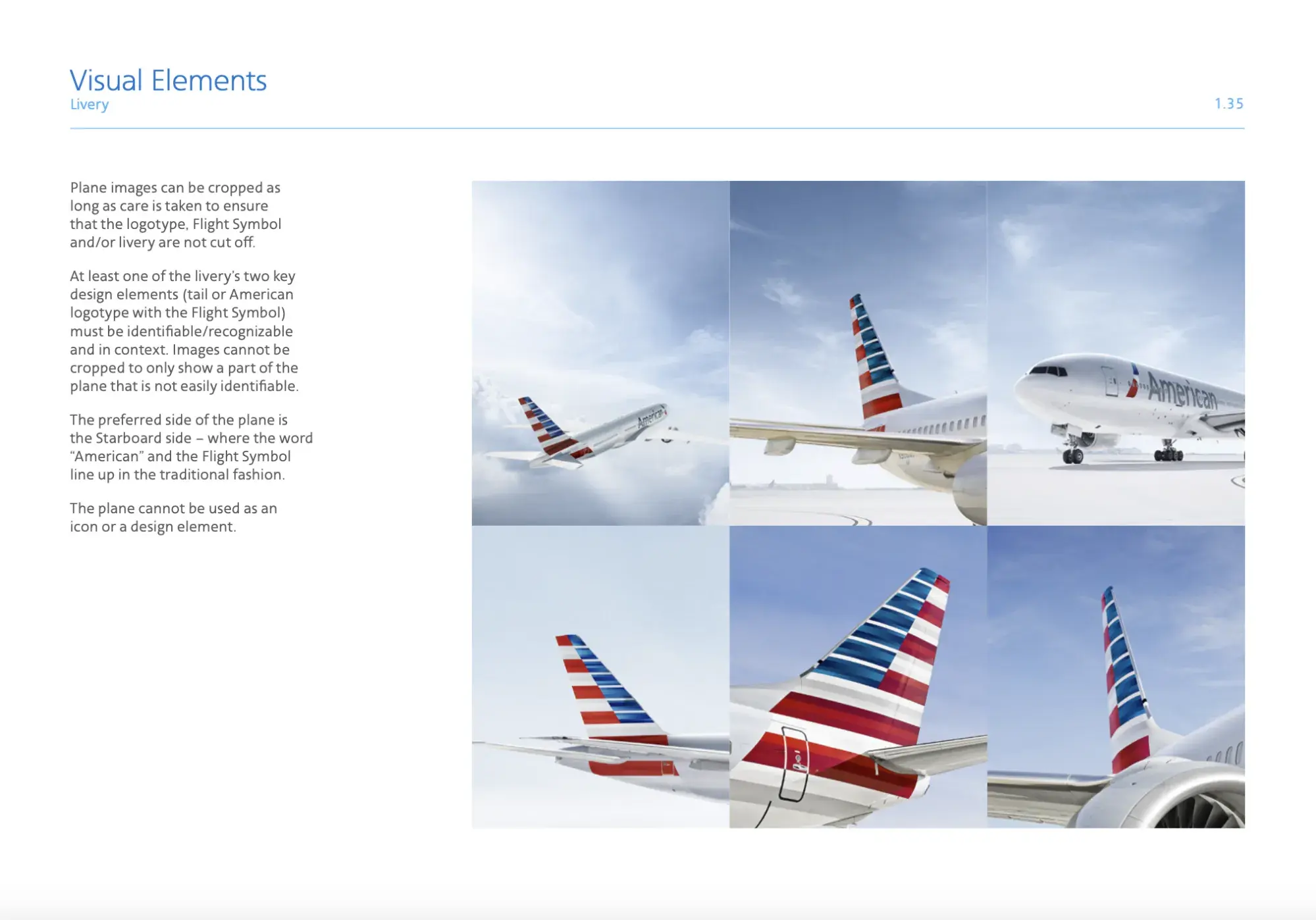 Screencap from American Airlines’ style guide showing how to use photos of its fleet.