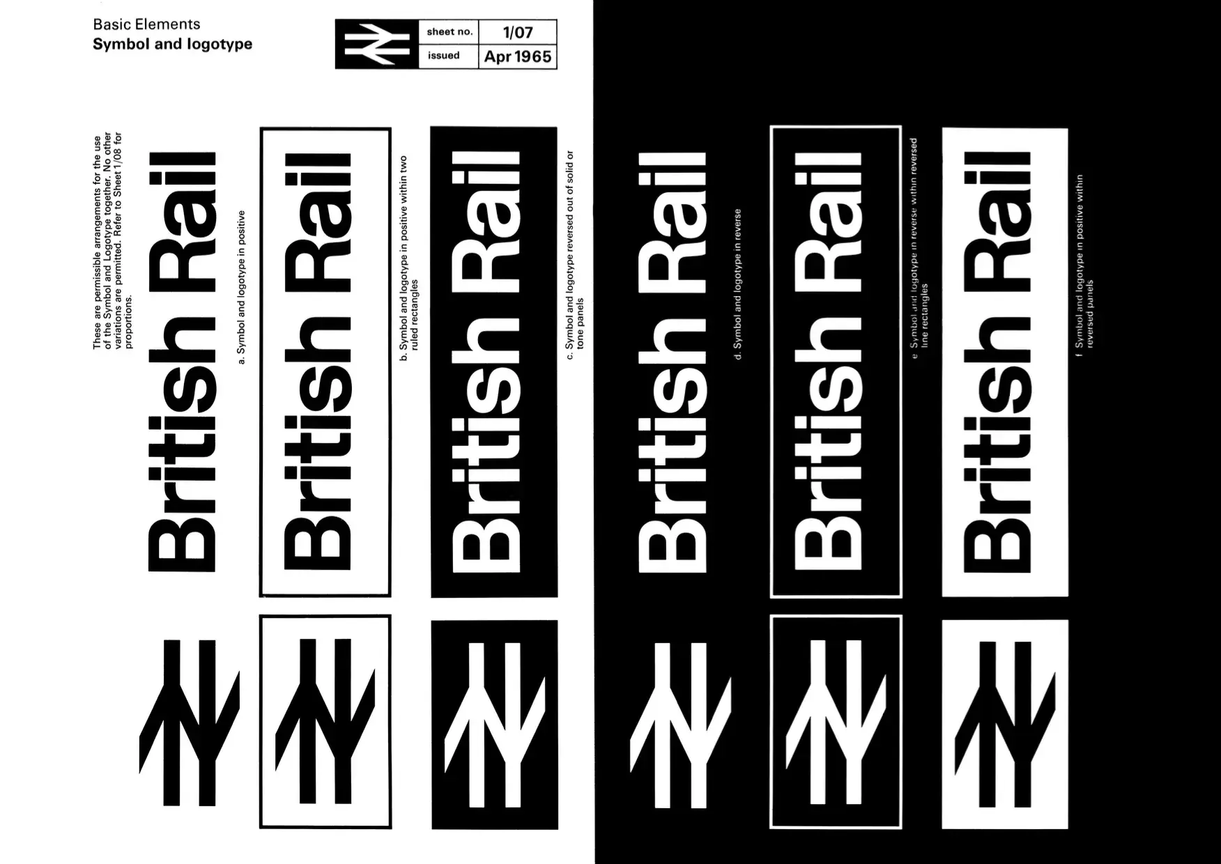 Six black-and-white versions of “British Rail” with logo mark, from April 1965. 