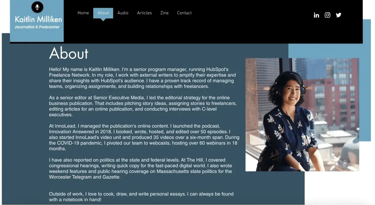 Screencap of About page on Kaitlin Milliken’s old website.