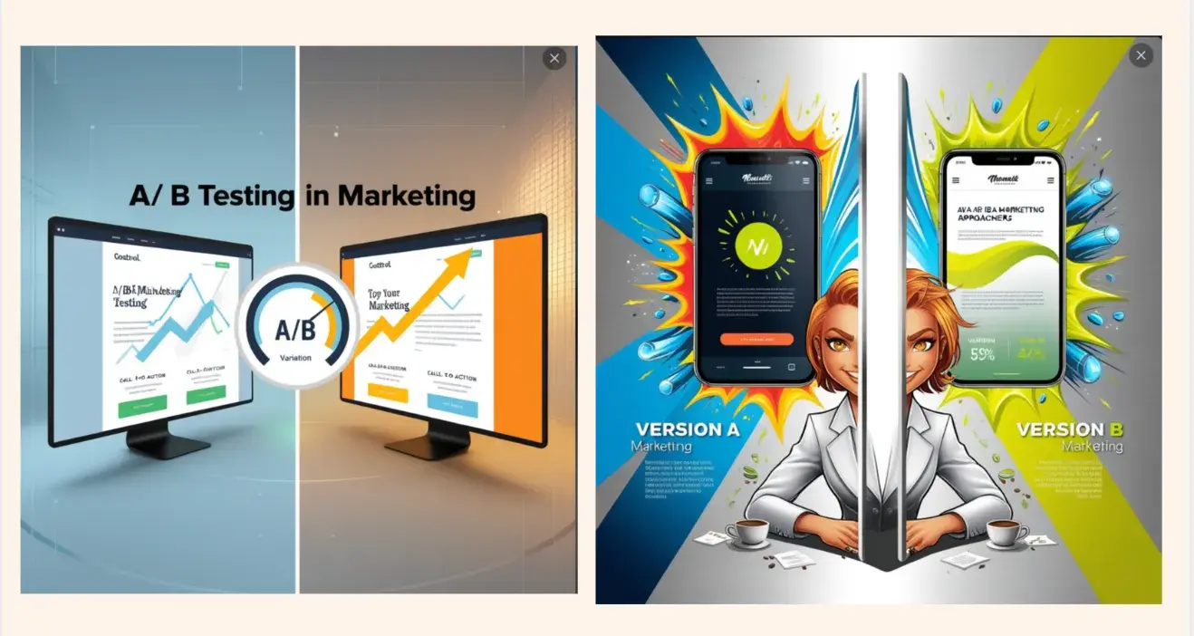 Two AI-generated images illustrating the concept of A/B testing in marketing. The first one is very simple and plain, and the second one has splashes of neon color and high-energy avatars.