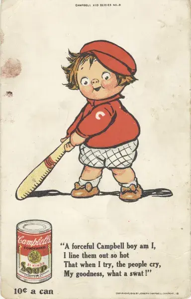 An early Campbell’s Kids ad featuring an illustrated child with a baseball bat.