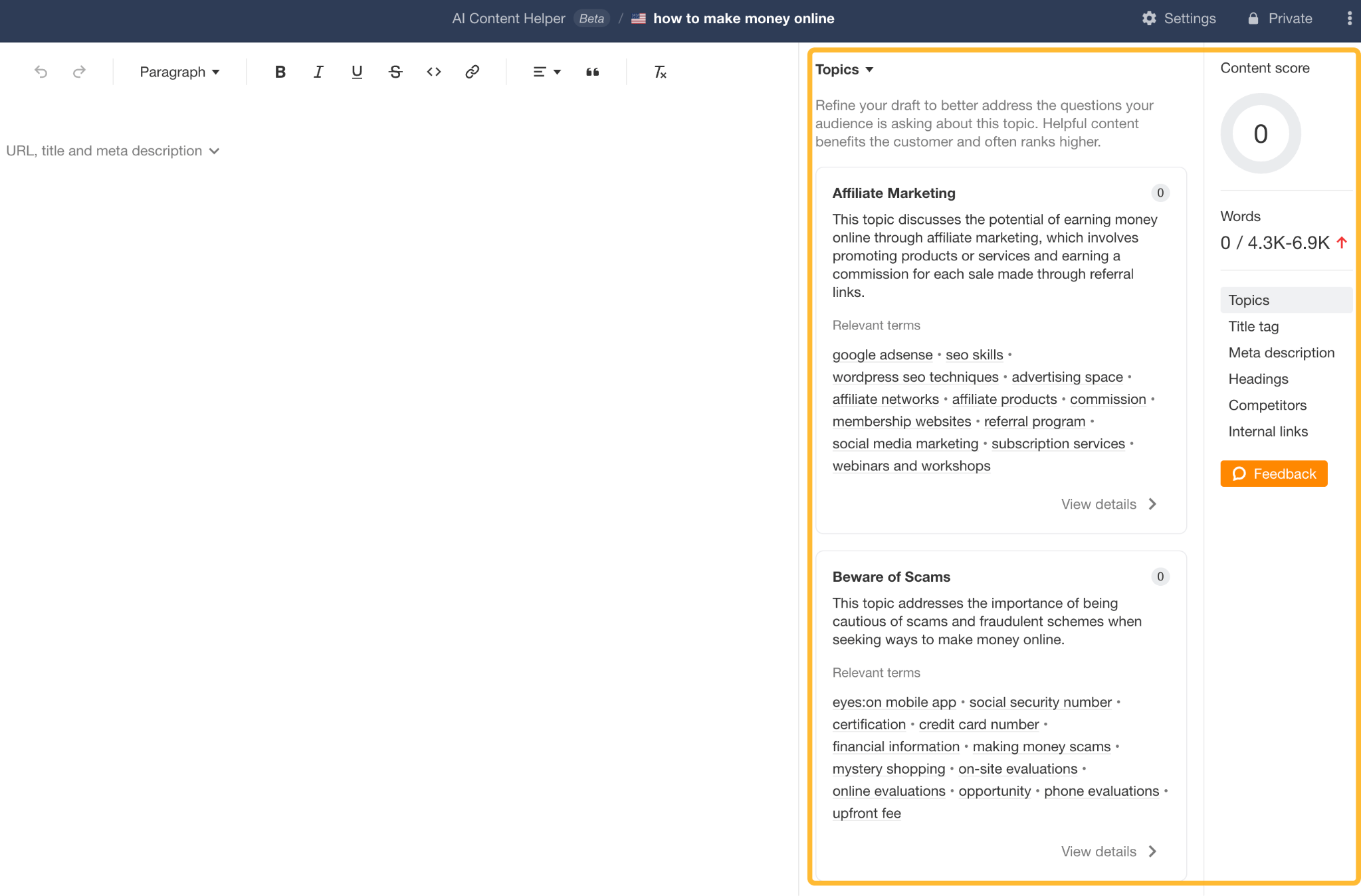 AI Content Helper can be used to suggest topics to include in outlines. 