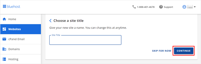 Inserting a site title for a new Bluehost WordPress site