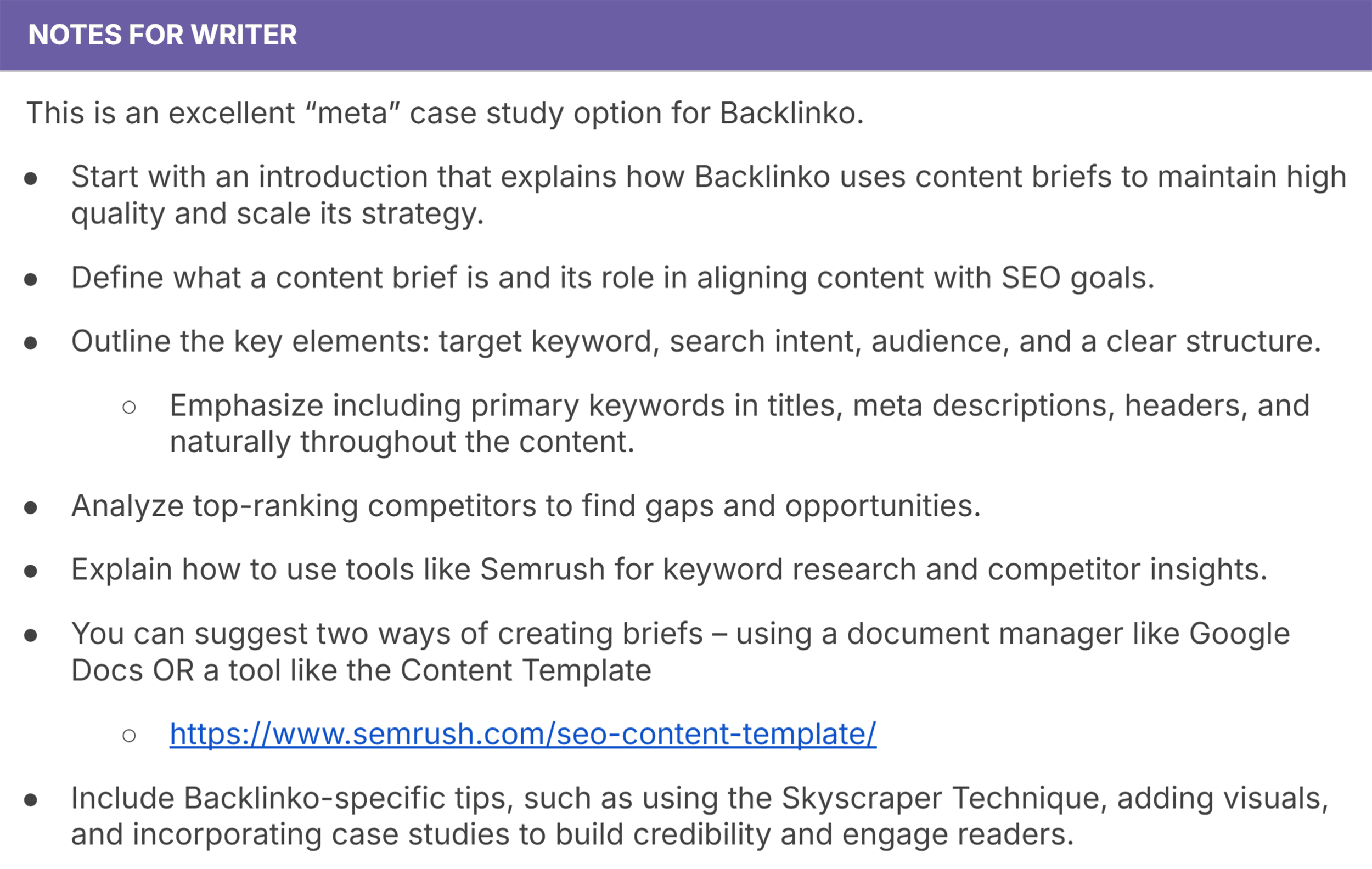 Content Brief – Notes for writer