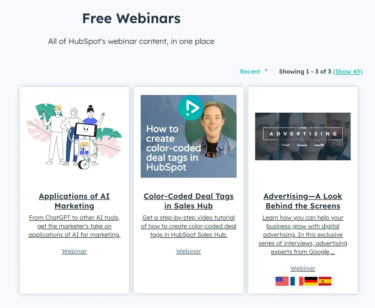 A webpage displaying HubSpot's free webinars, featuring three recent webinar topics: