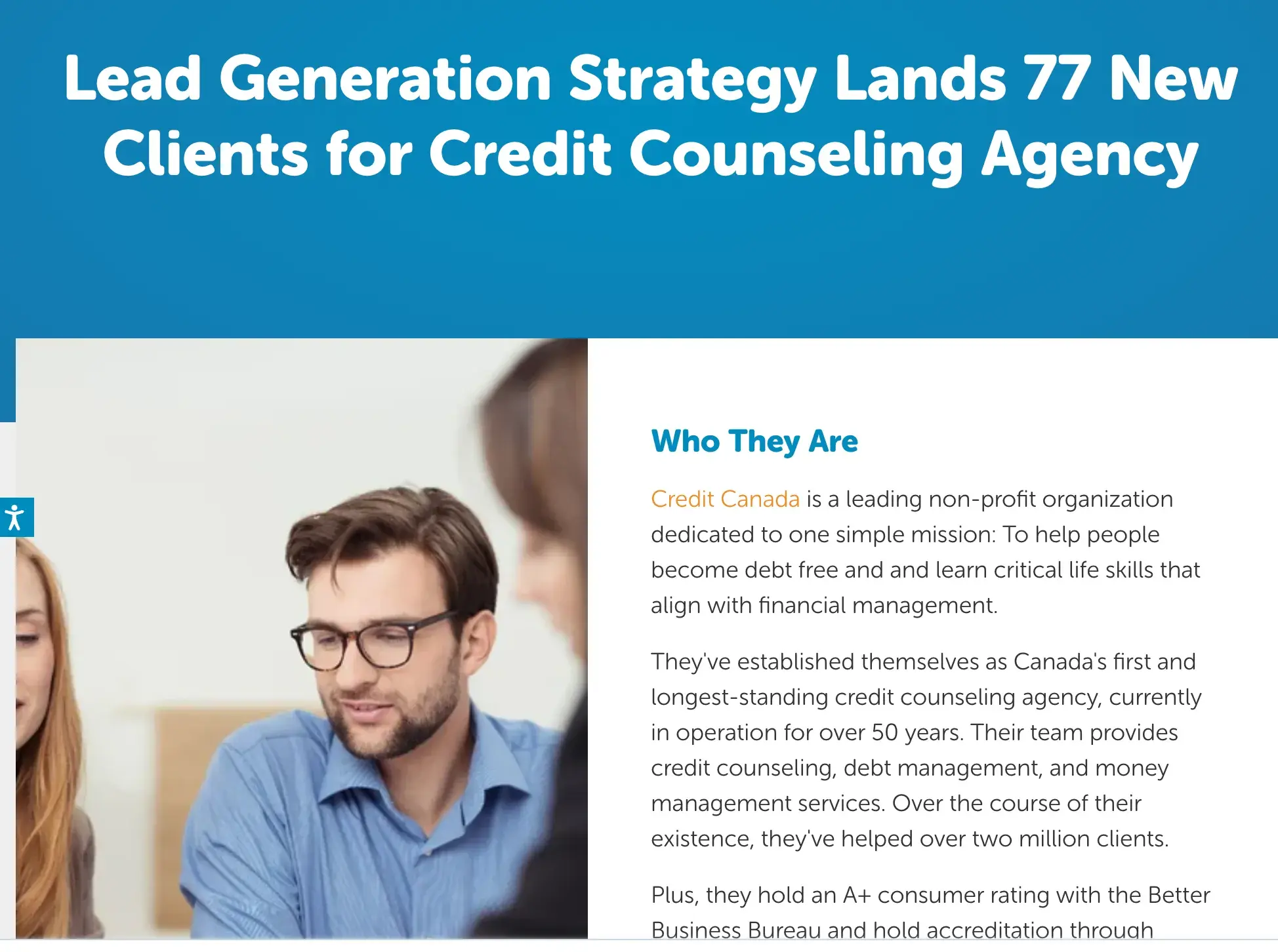 A case study headline about a lead generation strategy that gained 77 new clients for a credit counseling agency, with an image of a man in glasses and the beginning of a description about Credit Canada.