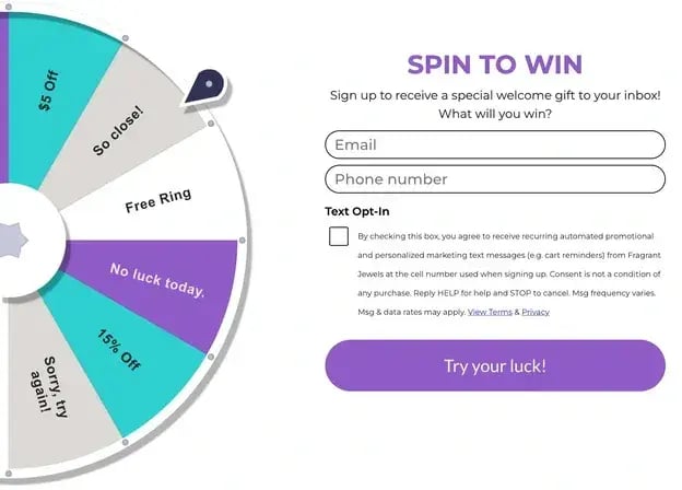 A "Spin to Win" promotional wheel interface featuring various prizes such as "$5 Off", "Free Ring", and "15% Off". 